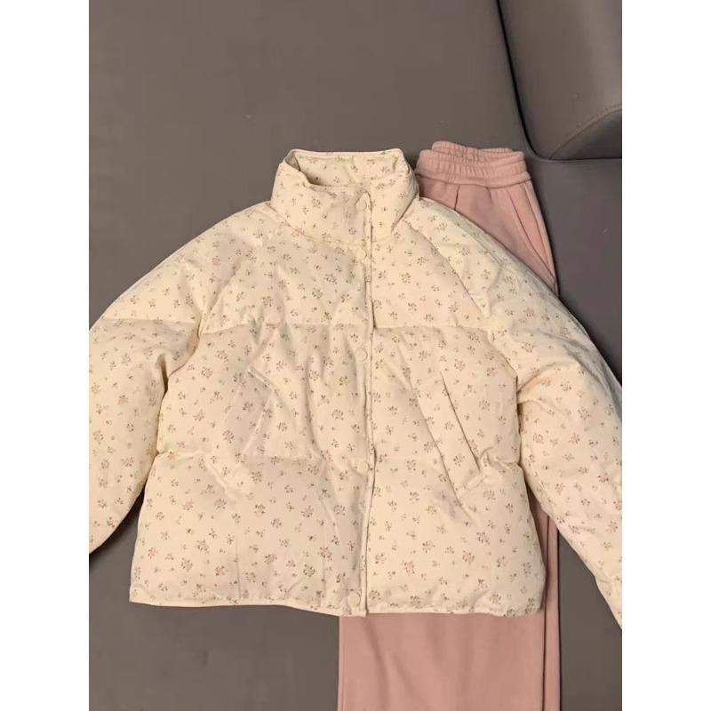 Circle Shaped Cooky Sweet Milk Fur Korean Style Small Floral Stand Up Collar Short Down Jacket Loose Bread Jacket for Women