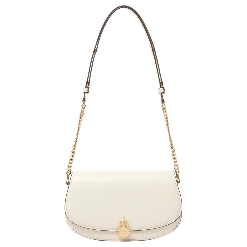 Michael Kors Mila Oval Flap Design Gold Lock Element Cow Split Leather Shoulder Crossbody Bag Medium Women's Milk White