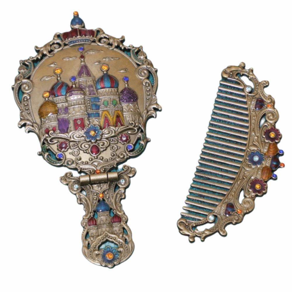 3D Retro Relief Folding Comb Set Portable Foldable Cosmetic Mirror  Dresser Vanity бронзовый/зелёный