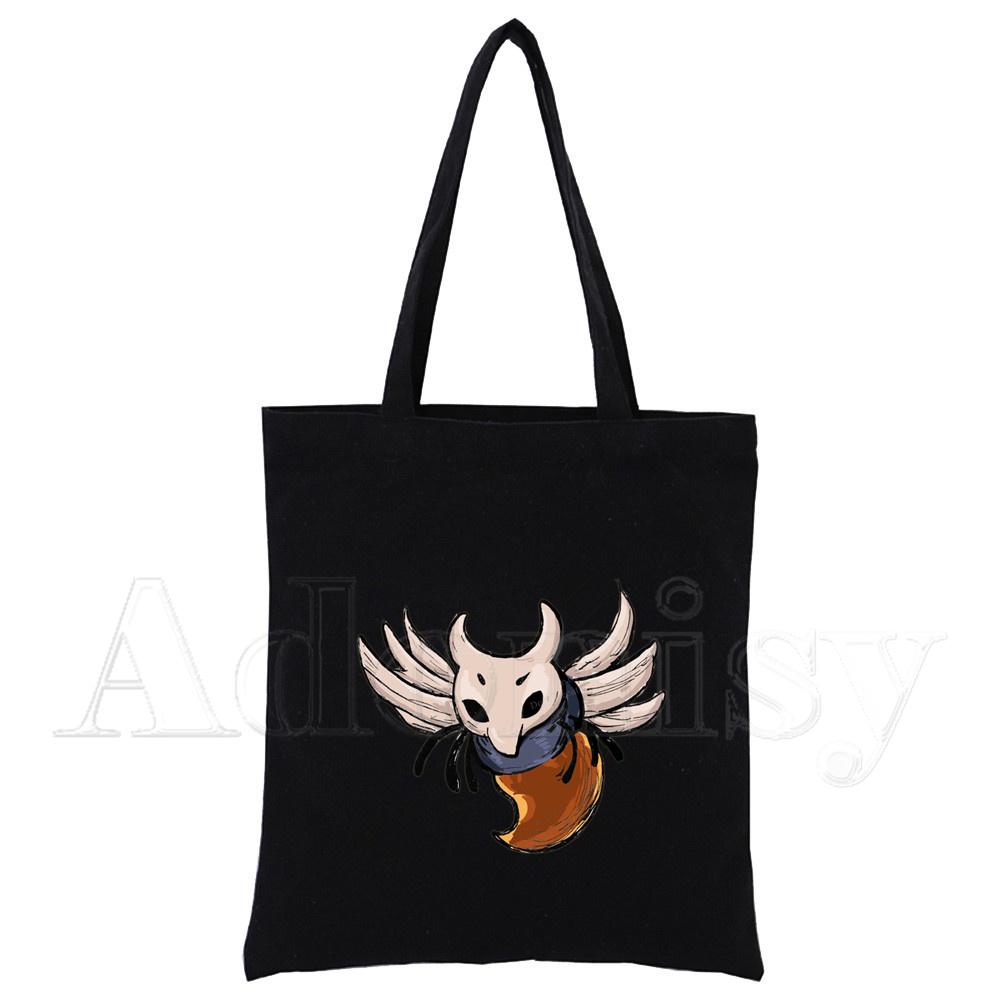 Hollow Knight Harajuku Konst Shopping Svarta Väskor Canvas Tote Bag Tryckt Tecknad Återanvändbar Tygkasse Handväska Axelväskor Anpassad
