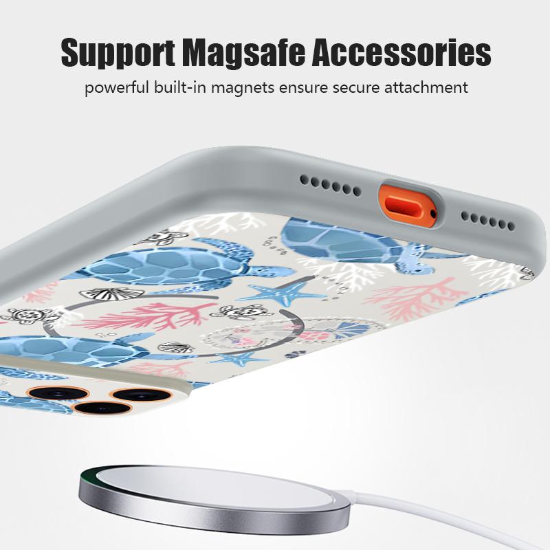Coral Turtle Pattern Magnetic Phone Case For iPhone 17 Pro Max 16 15 14 13 Pro Max For Magsafe Wireless Charge TPU PC Back Cover