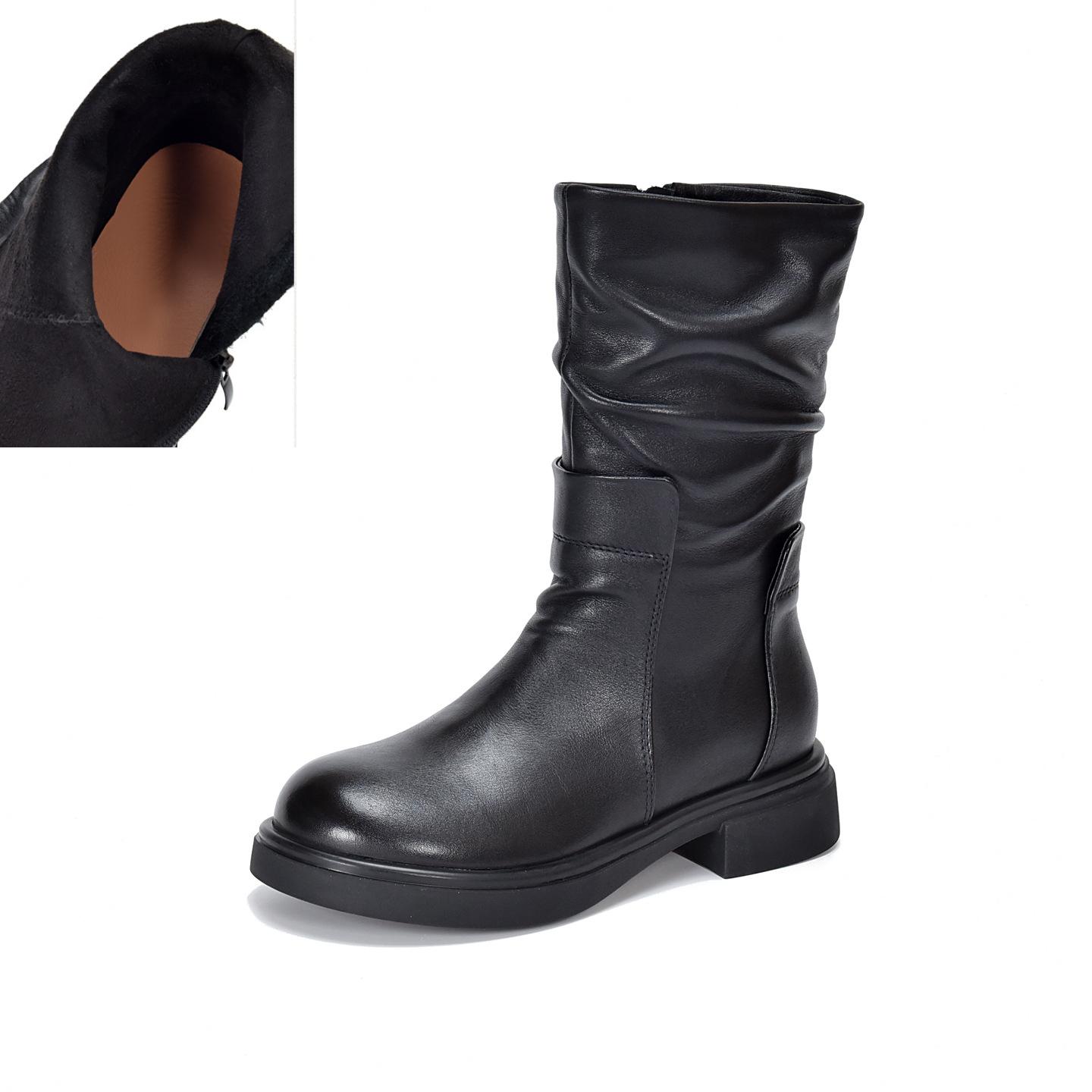 

Johnature Genuine Leather Mid-Calf Boots Side Zipper Round Toe Thick Heel Women s Boots 35