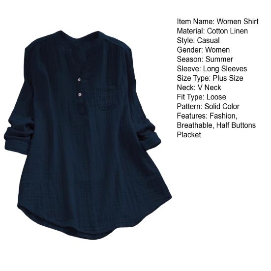 Woman Shirt Semi-open V Neck Buttons Placket Long Sleeves Pullover Casual Wear Solid Color Top Blouse Summer Casual Loose T-shirt Commuter Clothes