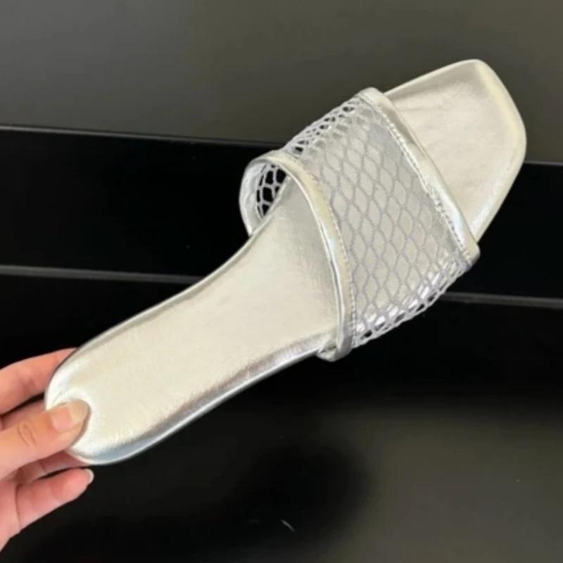 

Модные дизайнерские сетчатые женские тапочки, балетки, сандалии, женская обувь 2025, лето, новые шлепанцы, шлепки для ходьбы, нарядные, мягкие сандалии для женщин 40 серебряный