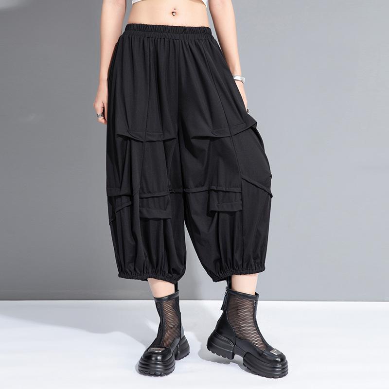 Black Plus size Vintage high Waist Casual loose Summer wide leg Pants Women Trousers