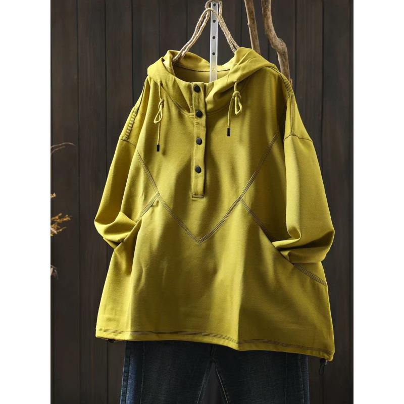 Düğmeli, İpli, Kontrast Dikişli ve Bol Uzun Kollu Kadın Retro Şık Kapüşonlu Sweatshirt