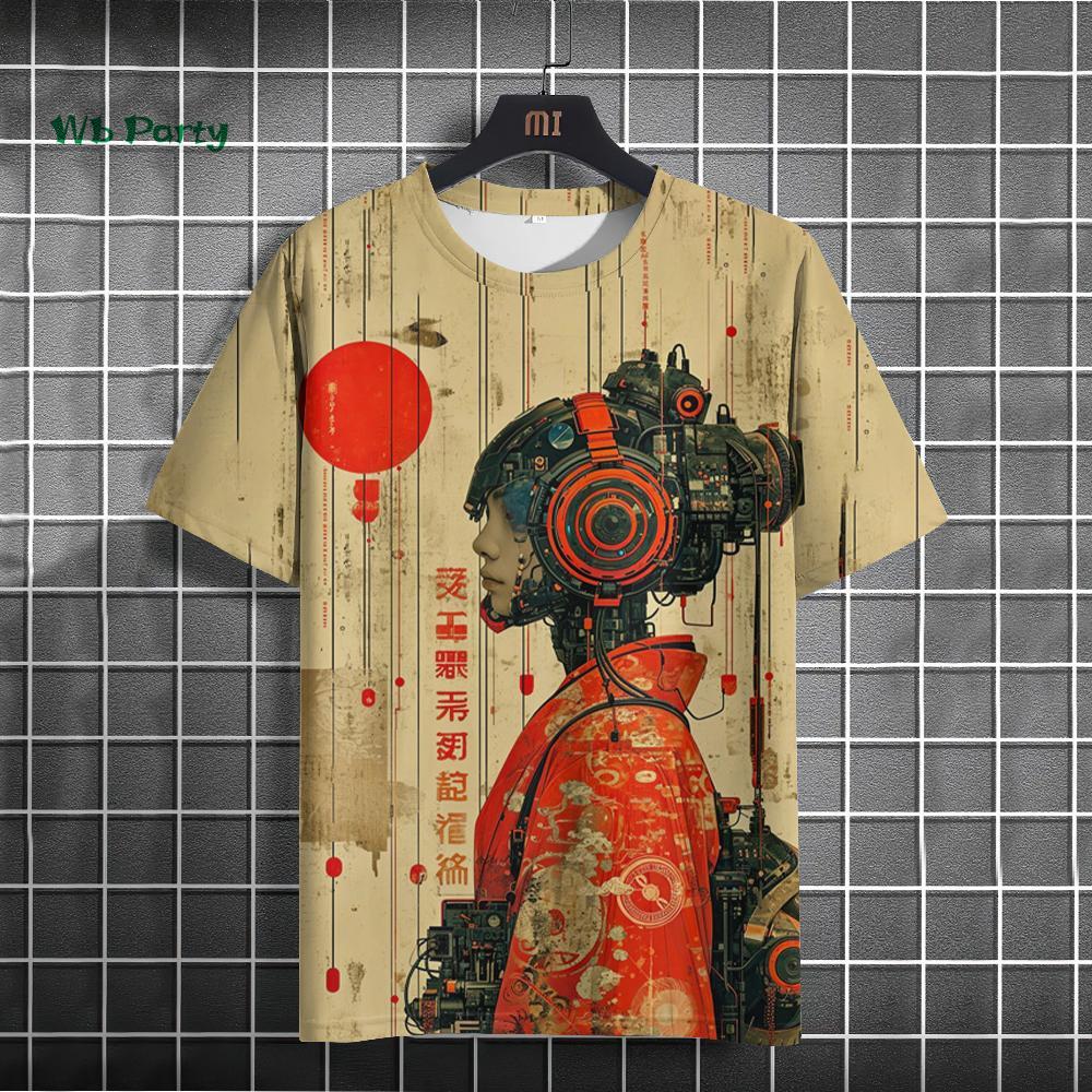 Japanese Men's T-Shirt 3D Cyber Mechanical Pattern Short Sleeve T-Shirt Oversized Harajuku Top Summer Men's Street Casual Tshirt