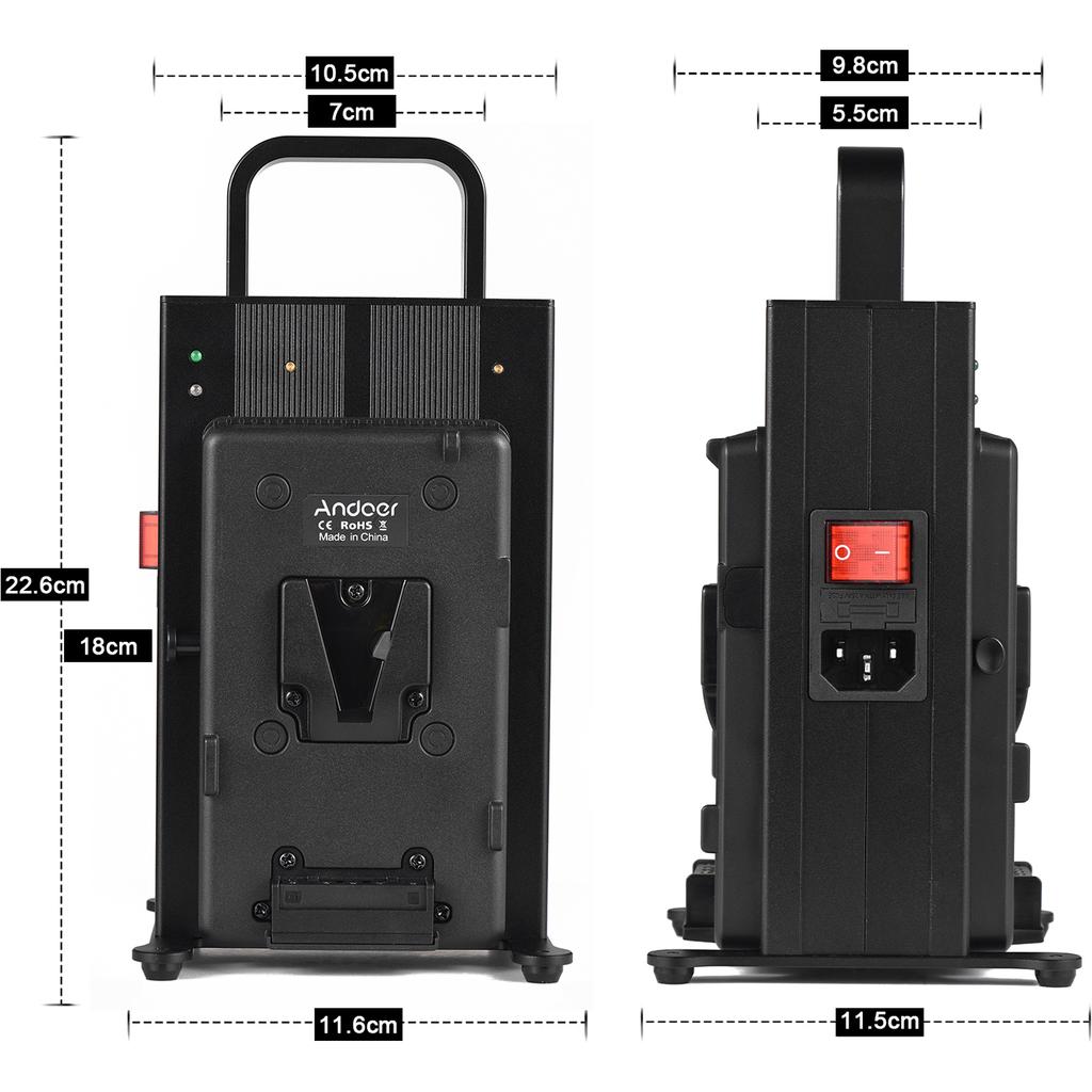 Andoer V Lock Akkuladegerät Zweikanal V-Mount Akkuladegerät Schnellladung für 14,4 V/14,8 V