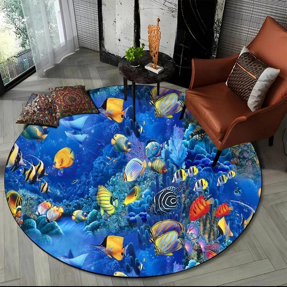 Unterwasserwelt Runder Teppich Cartoon Meeresboden Fisch Delfin Bereichsteppich für Wohnzimmer Schlafzimmer Dekor Rutschfeste Ozeantier Bodenmatte