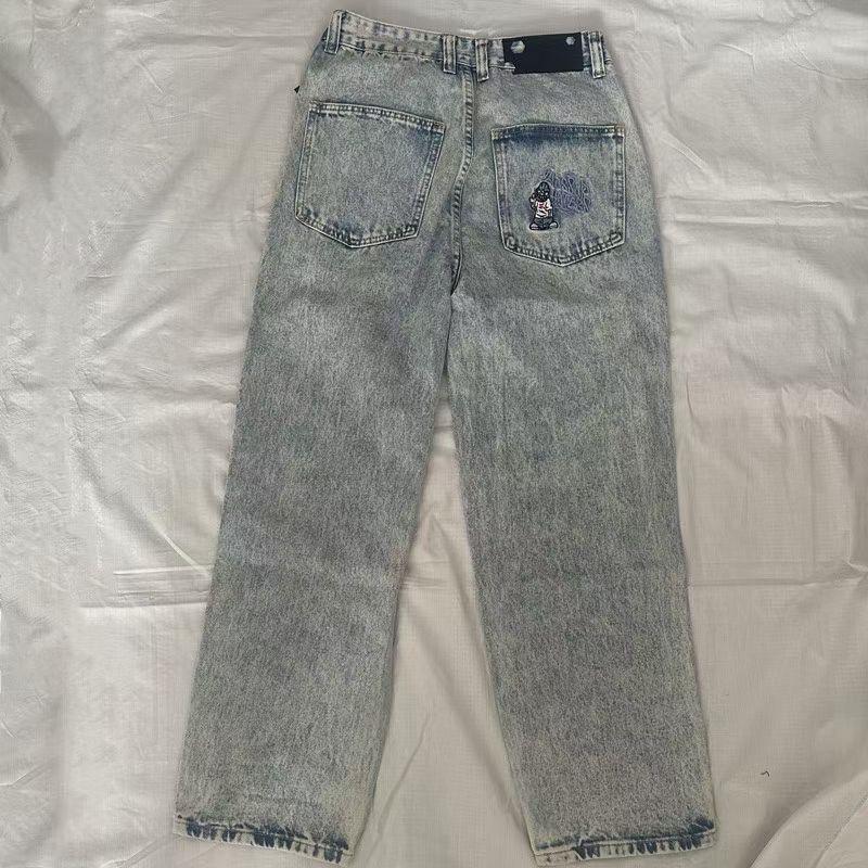 

ZYLLO Kawaii Cartoon Characters Embroidered Light Blue Washed Baggy Jeans Y2K Harajuku Gothic Skateboard Pants Street Clothes S синий