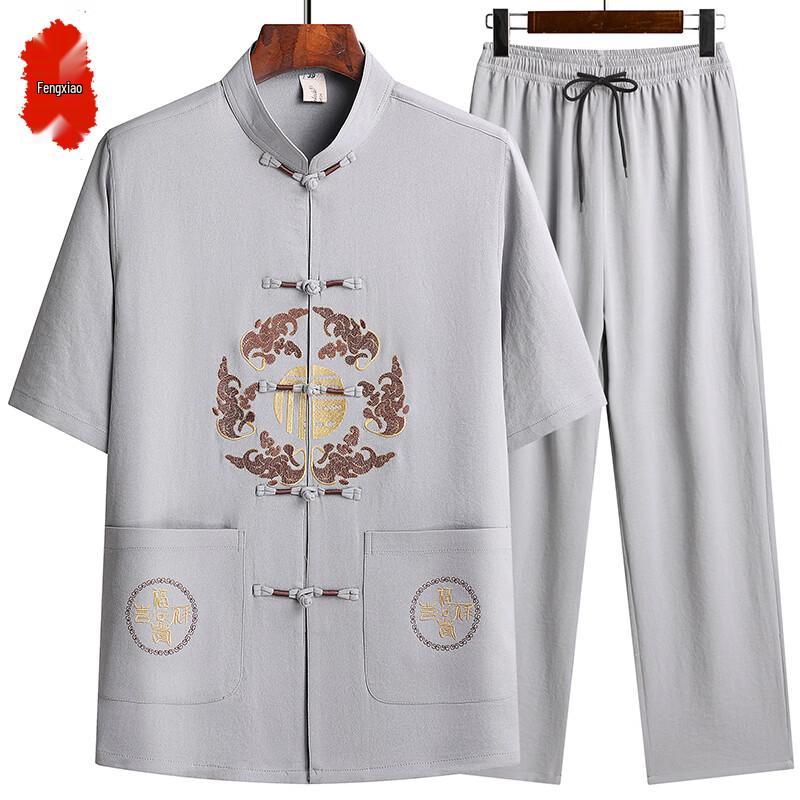 Men s Chinese Style Ice Silk Short Sleeve Tang Suit Set 42/180
