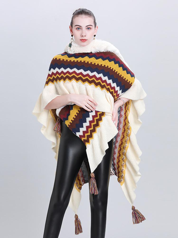 Imitation Cashmere Elegant Women Scarf Winter Ladies Fur Collar Striped Poncho Warm Female Capa Para Mujer Pashmina Wrap Shawl