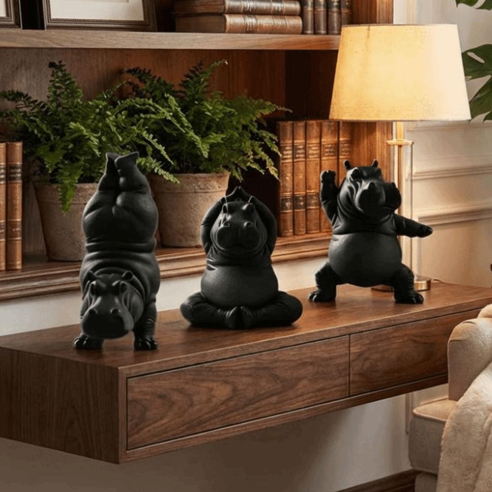3Pcs Calm Animal Yoga Hippo Statue Art Crafts Hippo Figurines Hippo Sculpture  Yoga Studio
