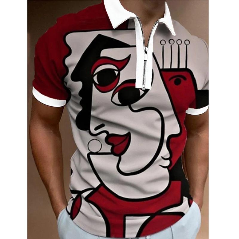 Skull Candy Print Short Sleeve Polo, Trendy Casual Zip-Up Polo