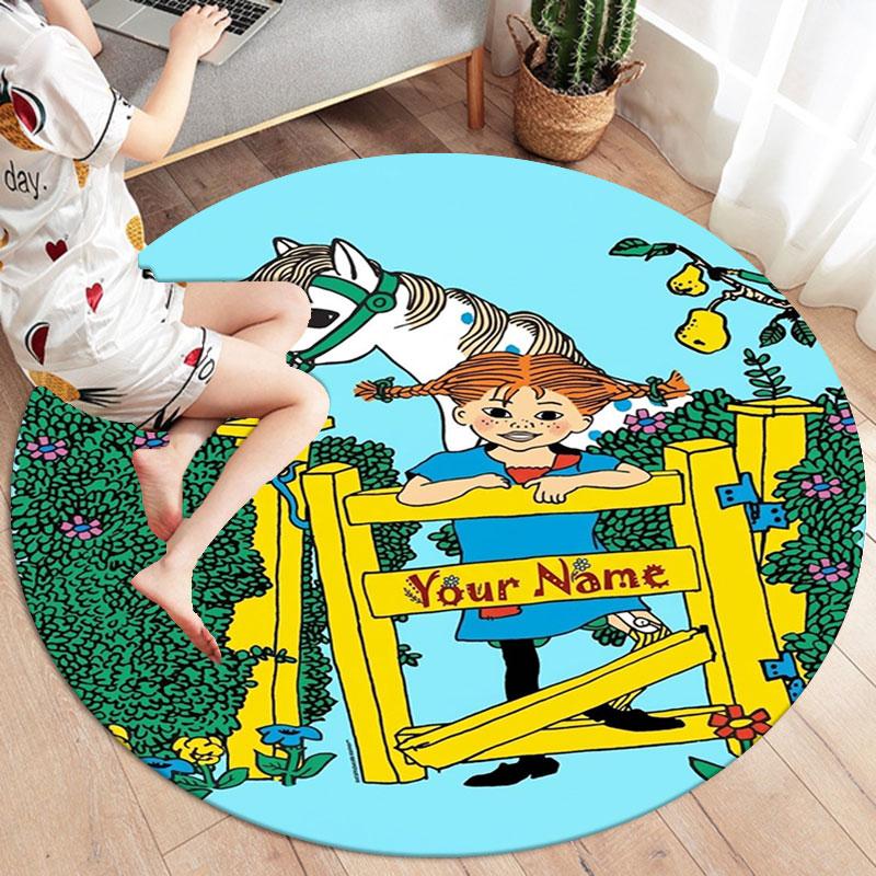 Pippi Longstocking Custom Name Round Area Rug,Carpet Rug for Living Room Bedroom Sofa Playroom Decor,Non-slip Floor Mat