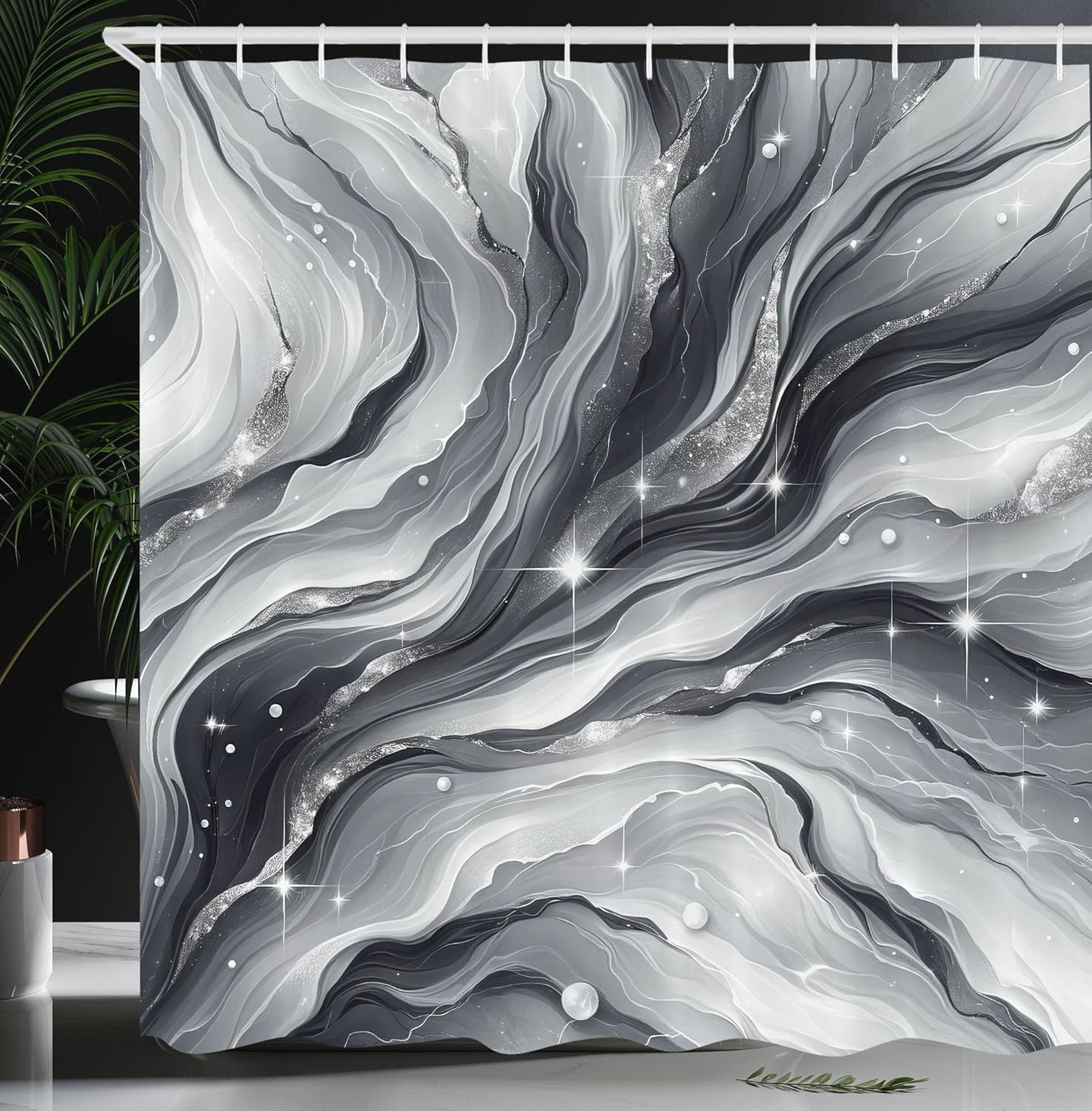 

Grey Shower Curtain, Monochrome Design Outer Space Starry Atmosphere With Swirling Clouds And Stripes, Cloth Fabric Ba W60H190(CM)-1 Pcs