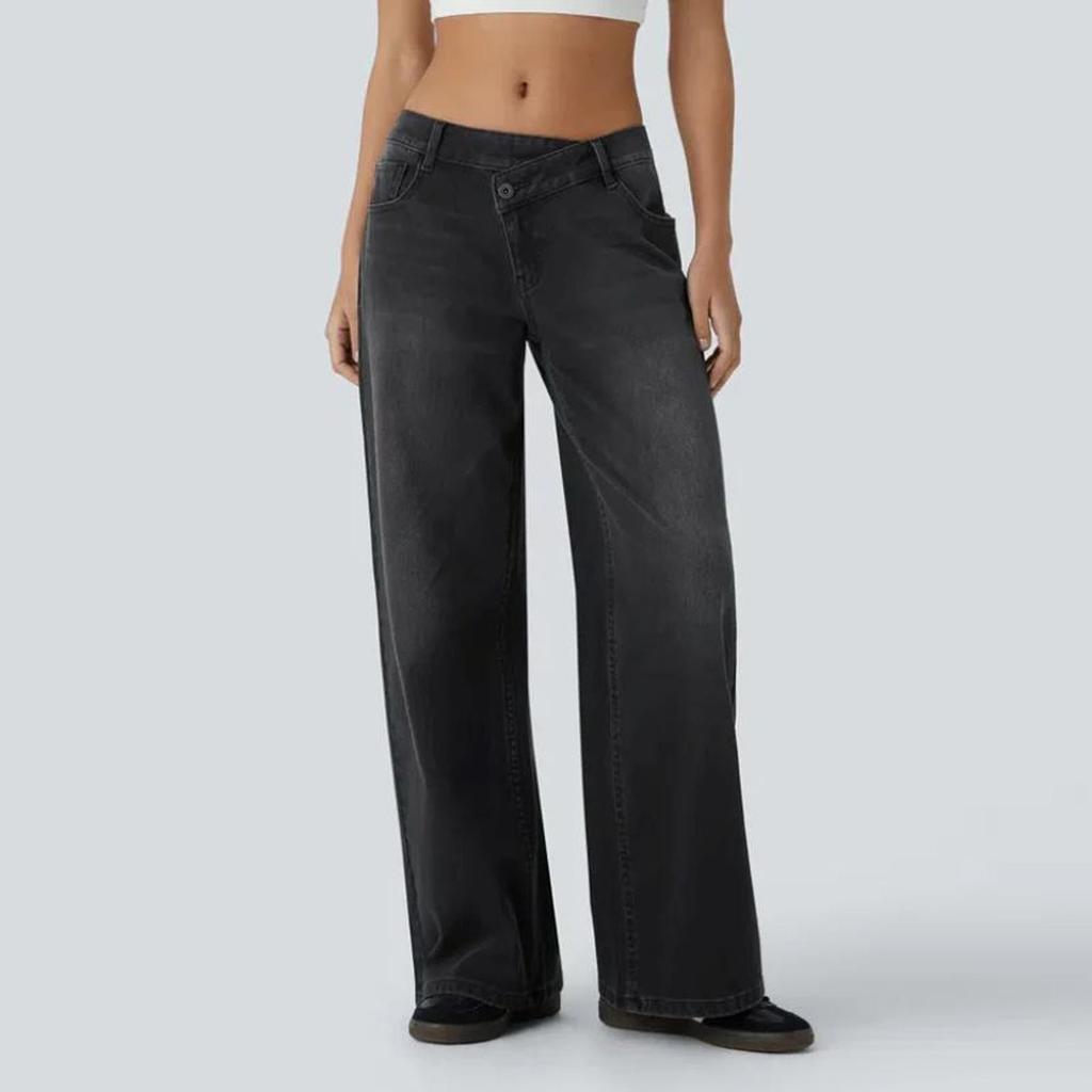 Women's Casual Fashion Solid Color Elastic Waist Pockets Wide Leg Straight Jeans Pants
