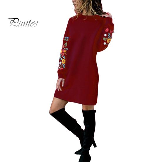

Весеннее платье с цветочной вышивкой нитью, мини-платье с длинным рукавом и круглым вырезом, свободное платье-толстовка для свиданий, поездок на работу и путешествий XXXL темно-красного