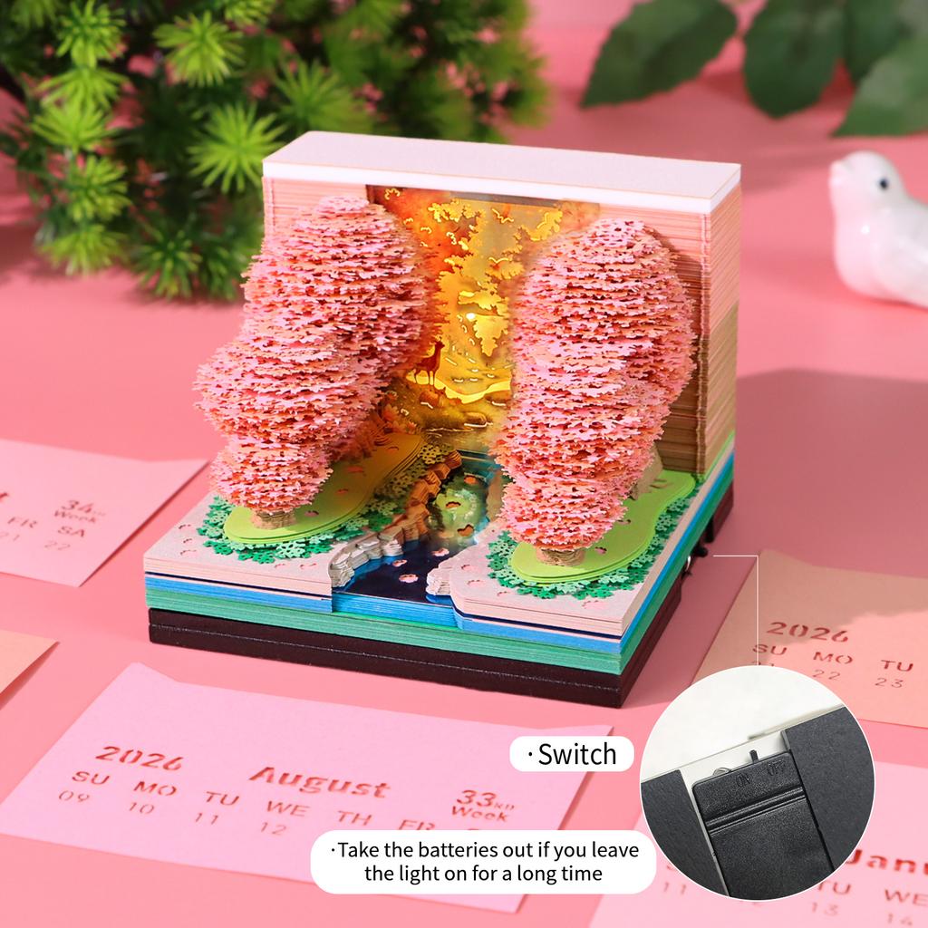Peach Blossom Forest 3D Creative Gift Precut Paper Cards Cube with LED Light and Weekly Calendar Romantic Pink Desk Ornament