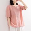 Reine Baumwolle V-Ausschnitt Sommer Baumwolle Leinen Shirt Damen Künstlerisch Locker sitzender Pullover Besticktes Kurzarm T-Shirt Damen Besticktes Top Trendy
