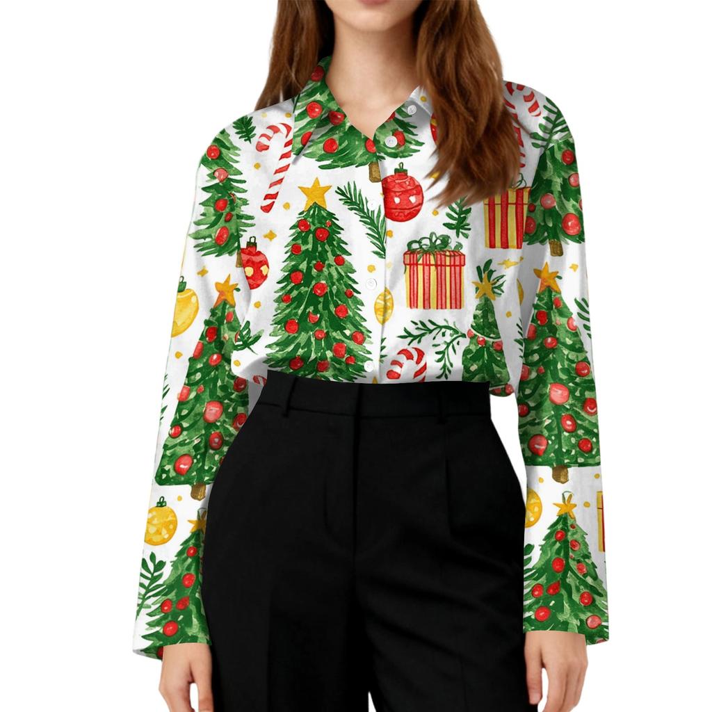 Women's Casual Christmas Print Long Sleeve Cardigan Top for Holiday Festive Wear