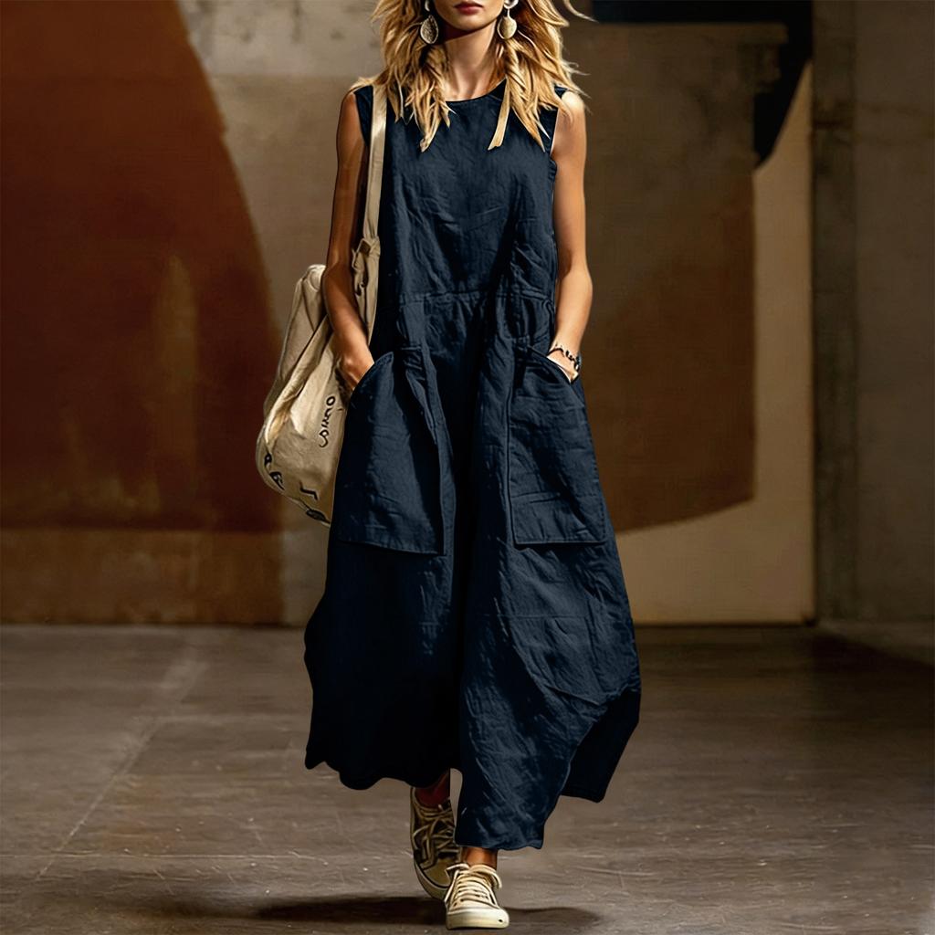 Women's Fashionable Round Neck Loose Sleeveless Cotton Linen Casual Pocket Dress
