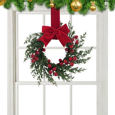 10 Inch Small Christmas Kitchen Cabinet Wreaths with Bow Ribbon Greenery Christmas Wreaths for Window Door Chair Fireplace Table
