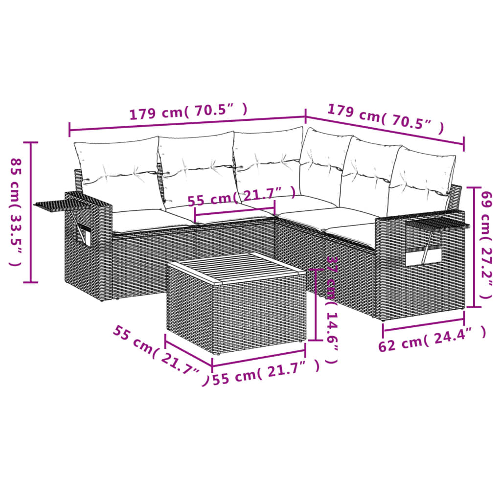Vidaxl 6-Cz. Garden Furniture Set With Cushions, Black Poly Rattan