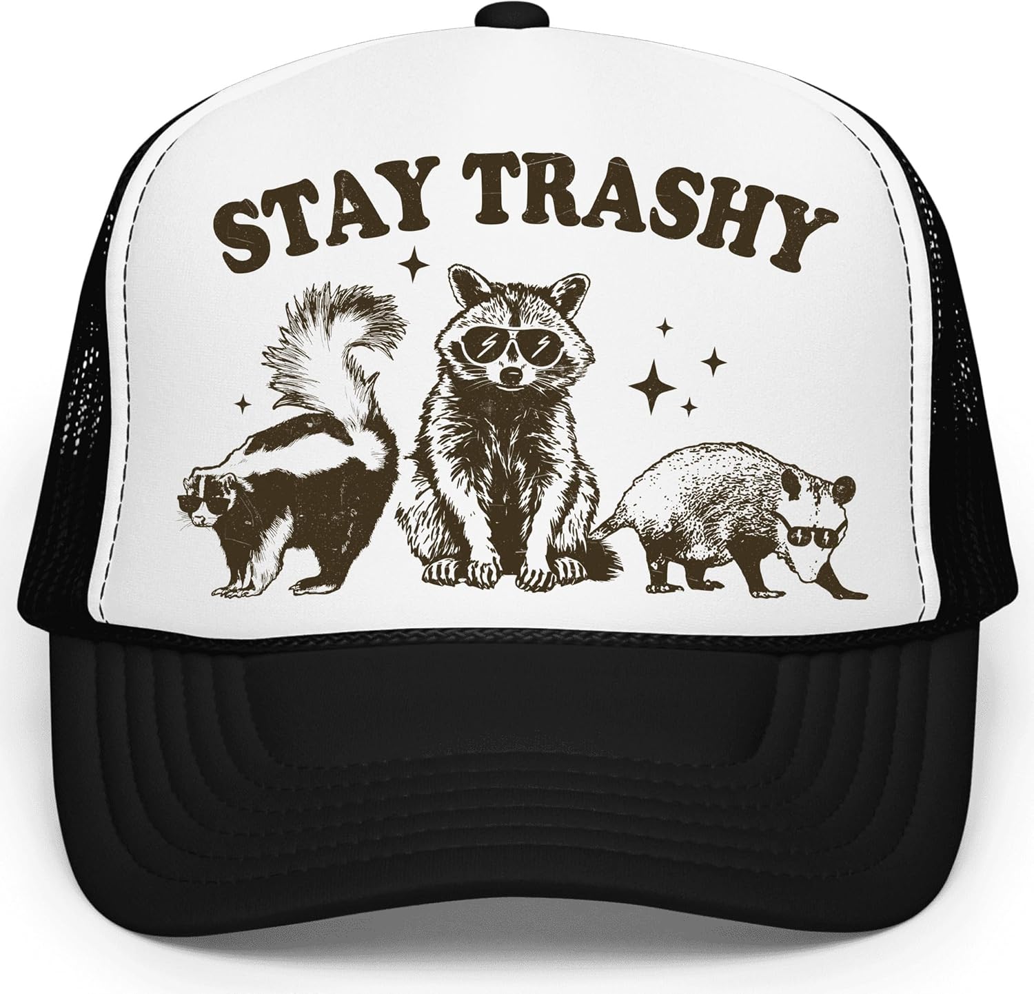 

Stay Trashy Funny Raccoon Graphic Classic 5 Panel Mesh Snap Back Trucker Hat One Size