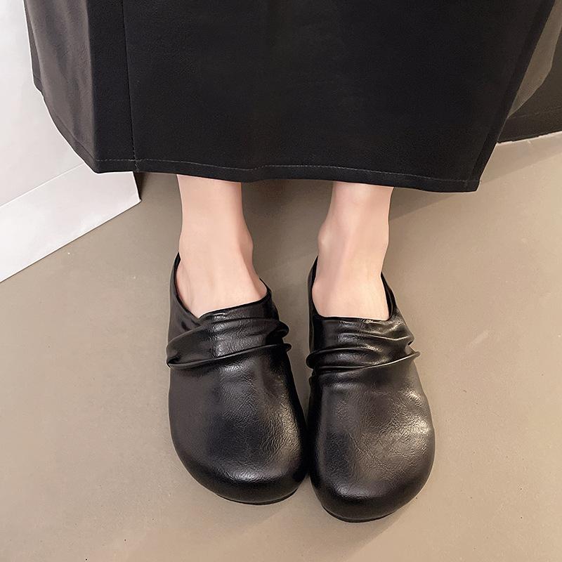 One pedal bag head and half slippers women's new outer wear retro round head versatile thick bottom soft leather