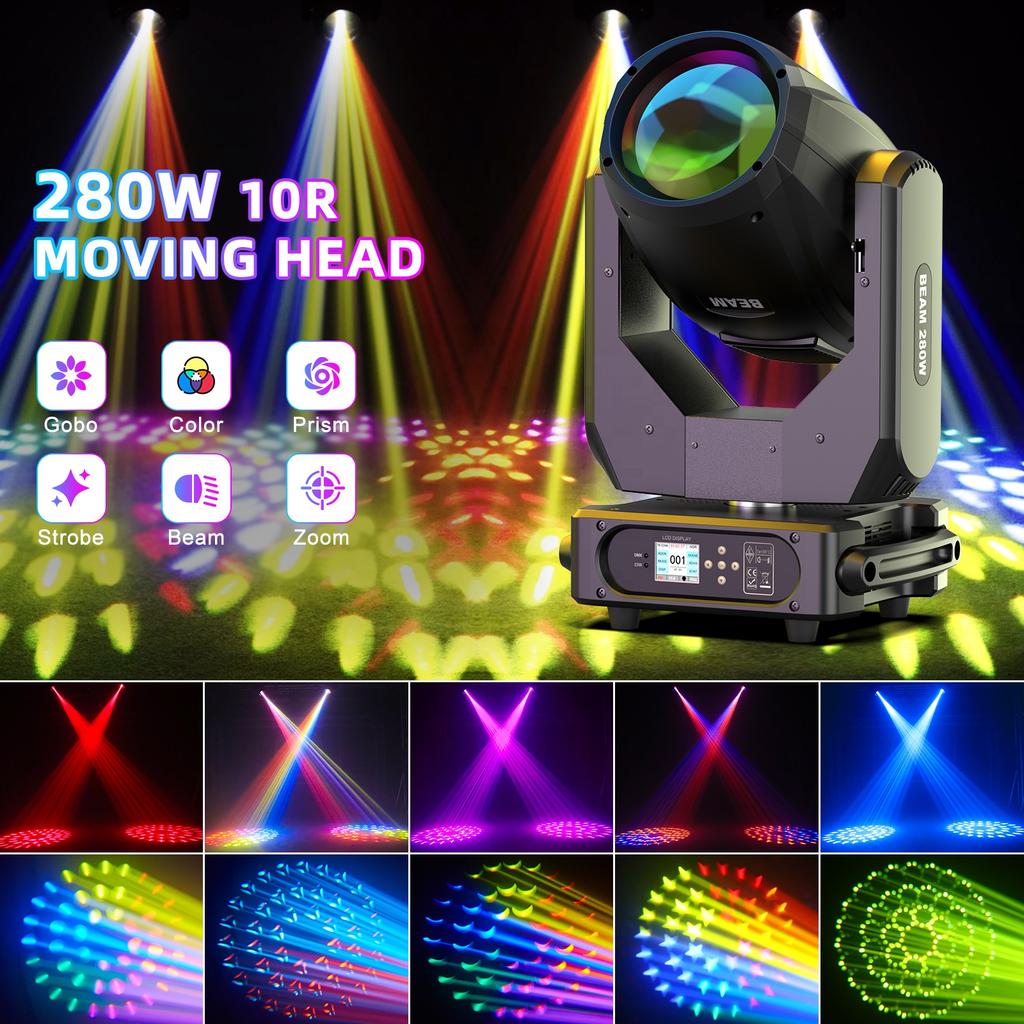 280W 10R Moving Head Light 17Gobos 14Colors 2Prism Rainbow Effect Beam DMX Movinghead Strobe Stage Lights for Bar Disco Wedding