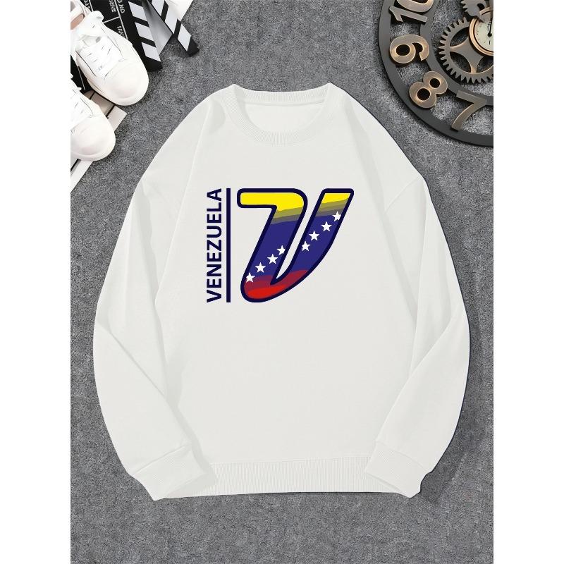 Men'S Venezuela 7V Pattern Casual Crew Neck Sweatshirt | Loose Fit, Slight Stretch Fabric, Solid Color 100% Cotton Printed Long-Sleeve Crew Neck