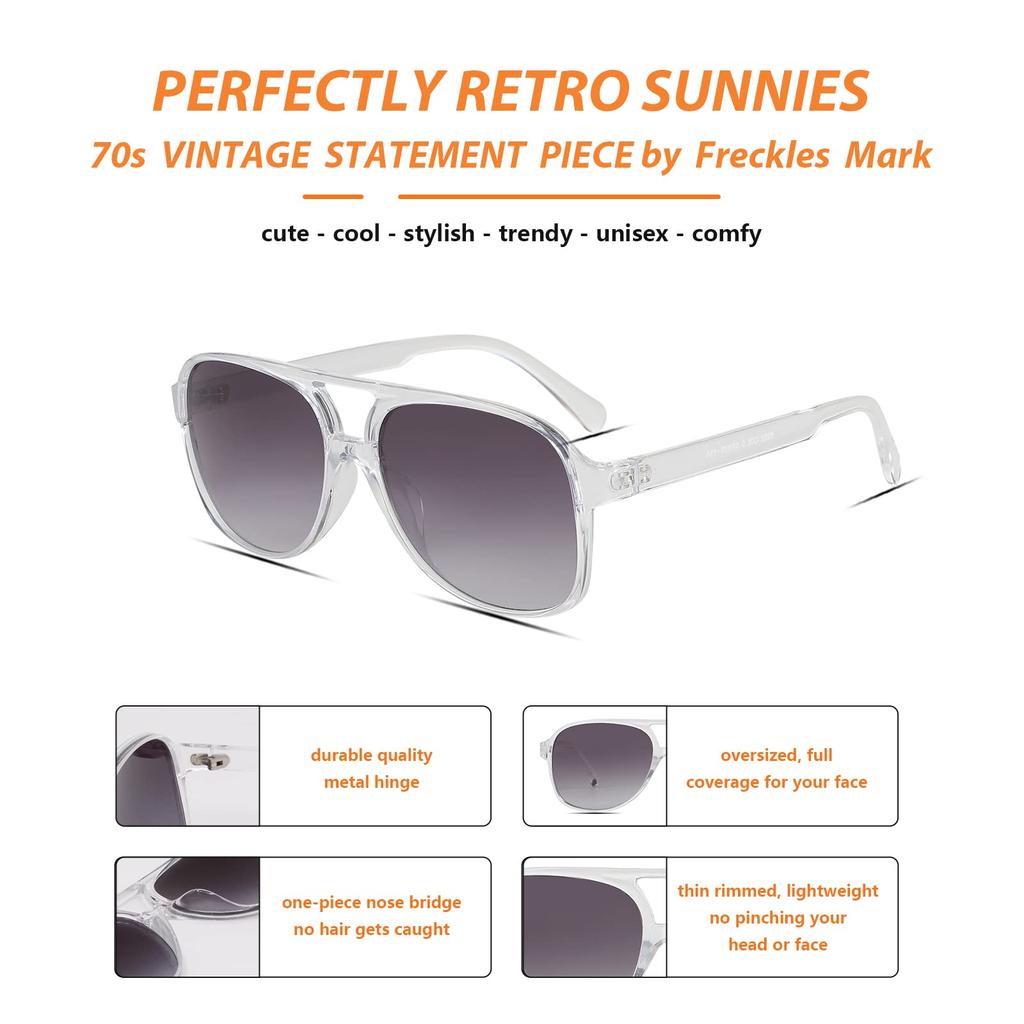 Freckles Mark Vintage Retro 70s Sunglasses for Men and Classic Large Square Aviator Trendy Oversize Women, Glasses, Clear,