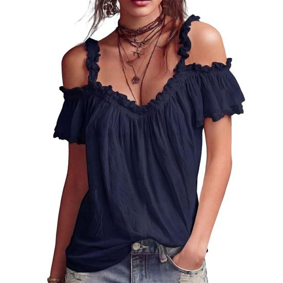Women Tops Shoulder Straps Design Off Shoulder Ruffle Collar T-shirt Pure Color Loose Fit Short Sleeve Summer Tops
