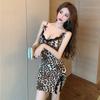 Leopard Print Dress Pajamas Women Korean Basic Classic Vintage Sling Nightdress Lace Bow Suit Homewear