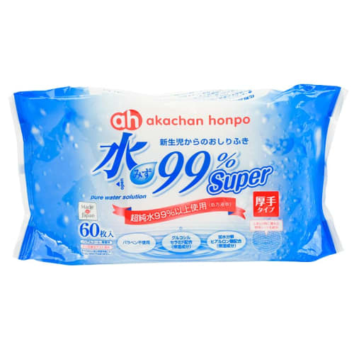 Akachan Honpo 99% Water Super Baby Wipes, Thick Type, 60 sheets x 10 packs