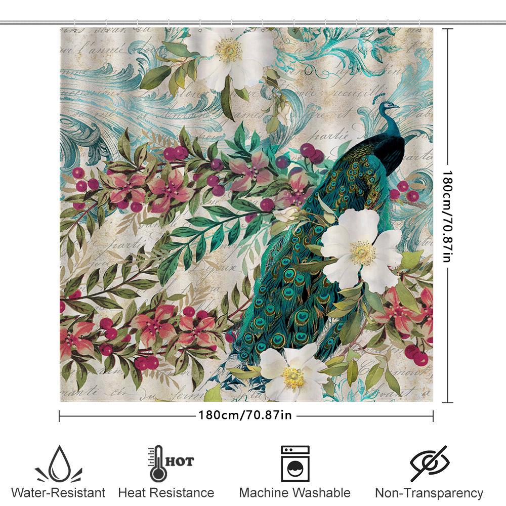 Luxurious Peacock Floral Printed Shower Curtain For Bathroom Decor Waterproof Fabric White/Cyan