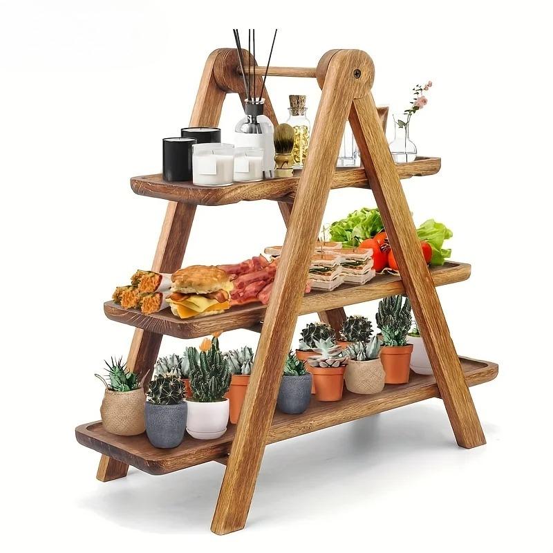 3 Tier Cupcake Stand Serving Tray Rectangle Serving Platter Wooden Tiered Tray Party Serving Brown Decorative Tray коричневый