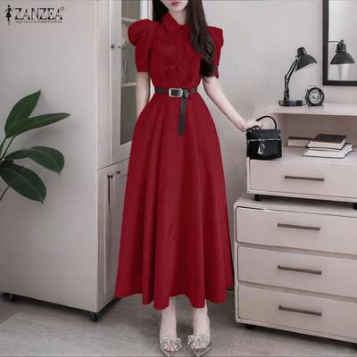 Women Turn Down Collar Short Sleeve Casual A-Line Dress
