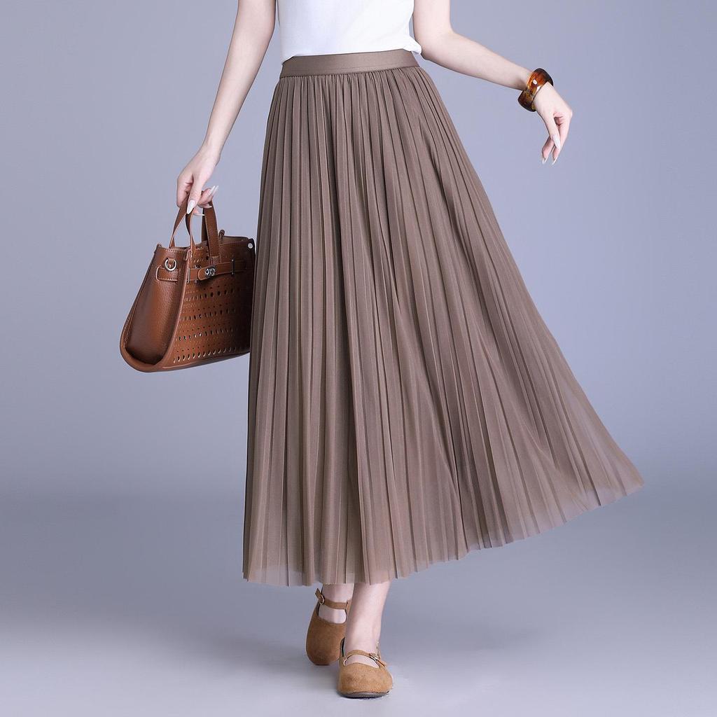 Solid Color High-Waisted Mesh Midi Skirt with Elastic Waist and Lurex Drape