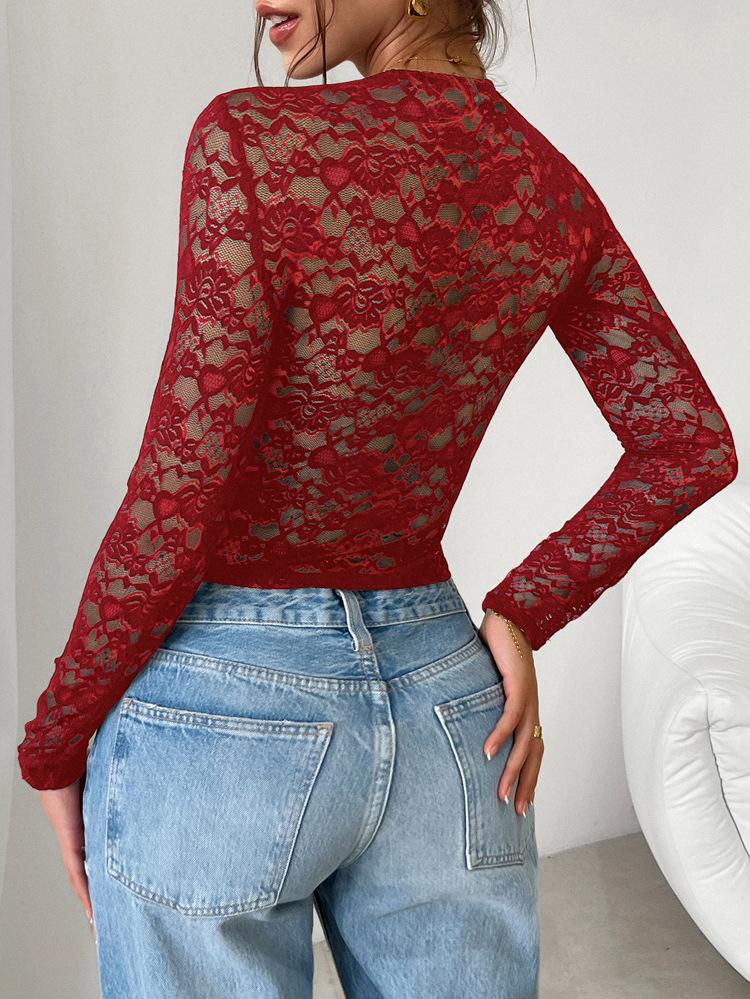 Women y2k Sexy Wind Slim Hollow Long Sleeve Tie Lace Shirt Top
