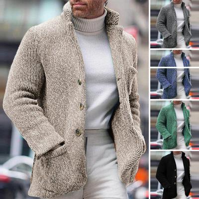 Men Vintage Stand Collar Sweater Jacket Casual Single Breasted Stand Collar Long