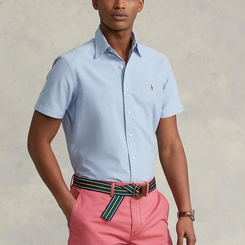 Polo Ralph Lauren SS22 Solid Color Oxford Cloth Single-Breasted Short Sleeve Shirt Men Shirts Blue MNPOWOV1N820050-400