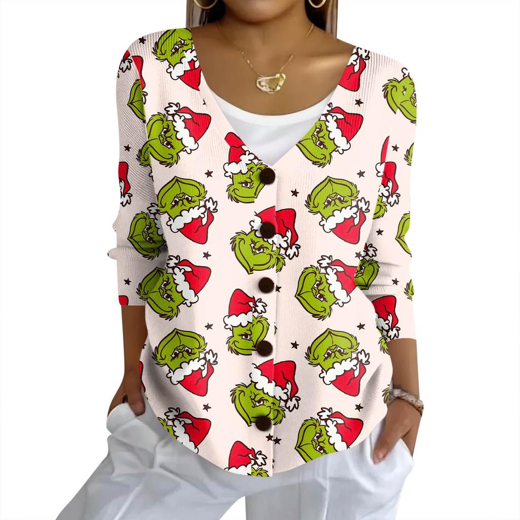 Women's Fashion Casual Knit Sweater Button-Up Christmas Print Cardigan Jacket