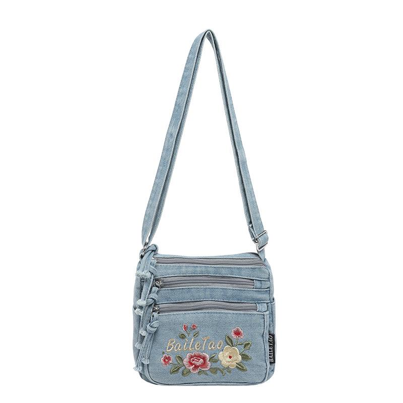 Джинсовая сумка через плечо Женская Мультяшный Котенок Вышитая Многоотдельная Сумка на Плечо светло-синий