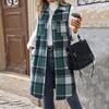 Women Long Vest with Breast Pockets Plaid Print Turn-down Collar Single-breasted Mid Length Waistcoat Loose Caerdigan Outerwear for Daily
