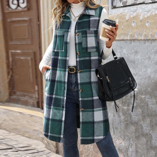 Women Long Vest with Breast Pockets Plaid Print Turn-down Collar Single-breasted Mid Length Waistcoat Loose Caerdigan Outerwear for Daily