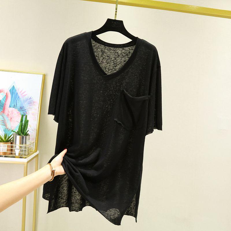 

Женская футболка с коротким рукавом большого размера, лето 2025, новинка, чистый хлопок, свободная, в K-стиле, стройнящая, черная, повседневная, с V-образным вырезом, топы Black M (recommended 40.00 kg-50.00 kg