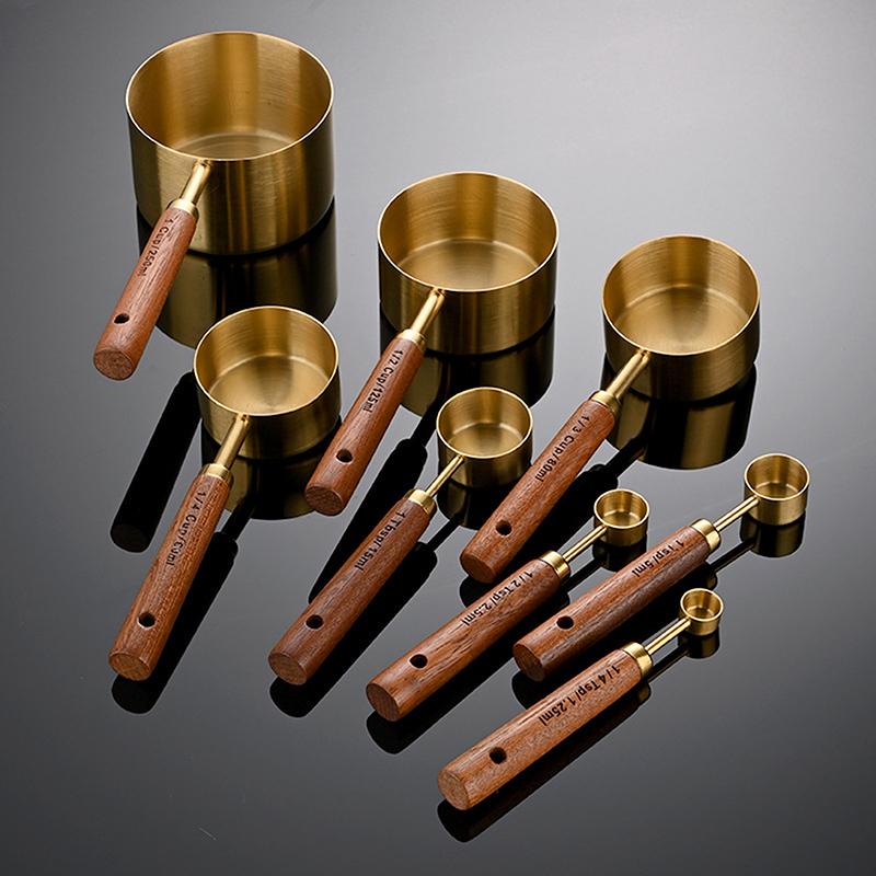 Złoty uchwyt z drewna, stal nierdzewna, miarki, łyżki, narzędzia do pieczenia, zestaw łyżek miarowych do kawy, akcesoria do wag barmańskich
