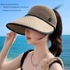 Summer wide-brim sun hat, ponytail hole design, breathable mesh, lightweight for beach vacations.